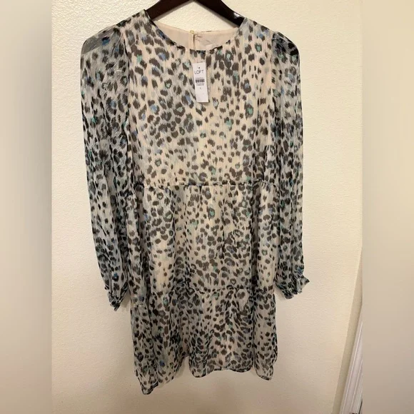 LOFT Abstract Print dress in Cream and Blue - Picture 2 of 7